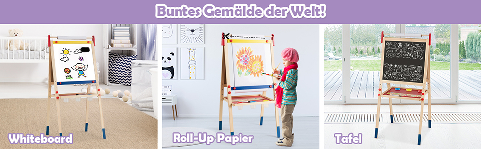 Дитяча мольберт-стіл 3 в 1 COSTWAY: двосторонній, дошка для маркерів та крейди, папір, регульована висота, з аксесуарами