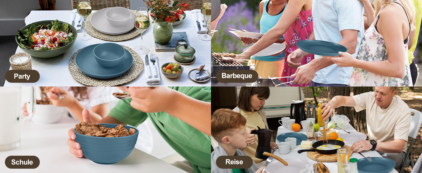 Набір посуду Odoland на 4 особи, 17 предметів: тарілки, миски, чашки (блакитний)