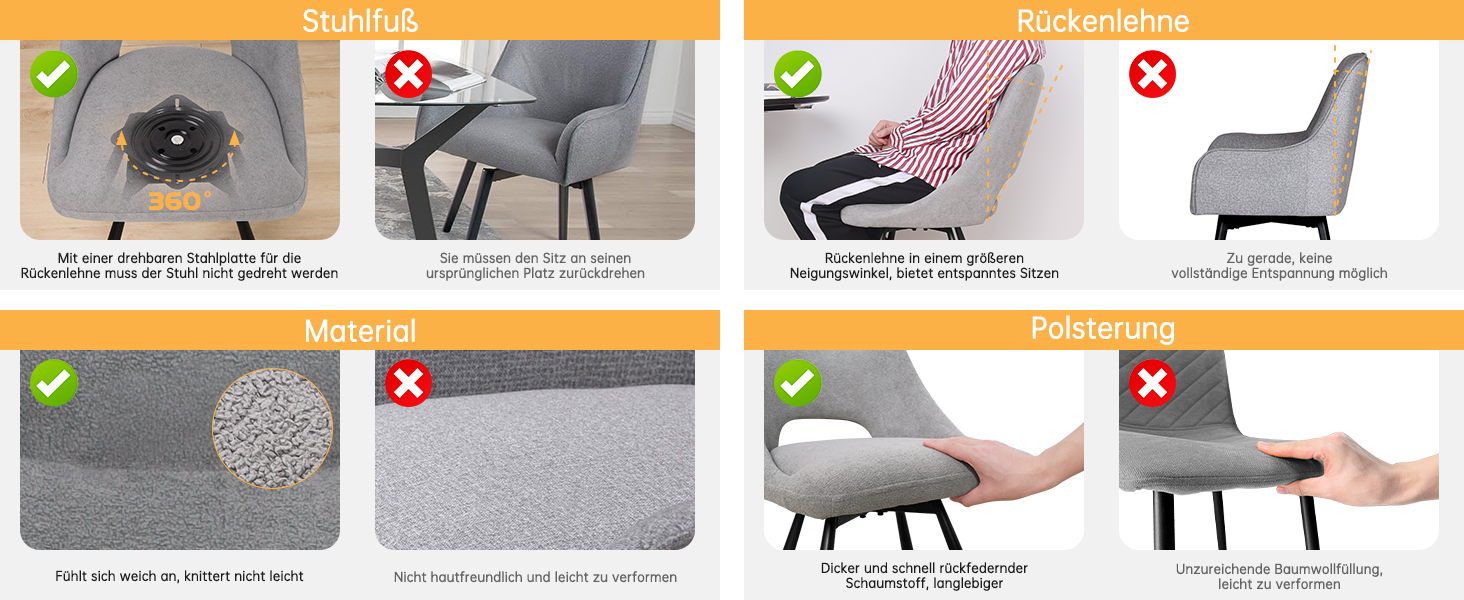 LEWE Комплект з 6 обертових стільців для їдальні, кухонних, вітальні та спальні, ергономічні, без підлокітників, з тканини кашемір (сірий)