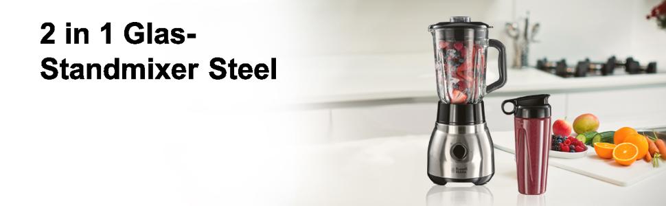 Блендер стаціонарний Russell Hobbs 2-в-1 зі скляною чашею 1.5л та міні-блендером для смузі 0.6л - подрібнювач льоду, BPA-free, нержавіюча сталь 23821-56