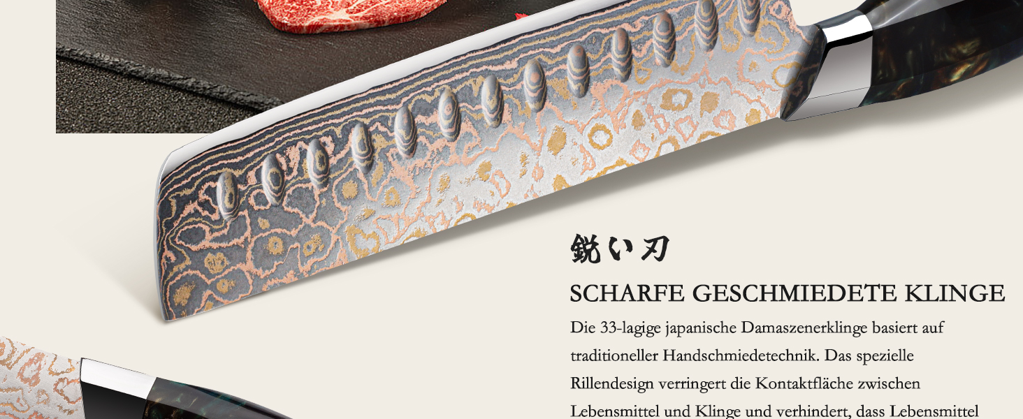 Набір кухонних ножів SHAN ZU Venus: професійний кухонний ніж з дамаської сталі (33 шари) та мідною ручкою, 20 см. (18 см Nakiri)