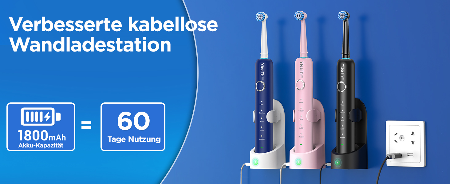 Електрична зубна щітка ротаційного типу для дорослих та дітей з 8 насадок, зарядний станція з кріпленням на стіну, 5 режимів чищення та дорожній футляр, 60 днів роботи від акумулятора, чорний