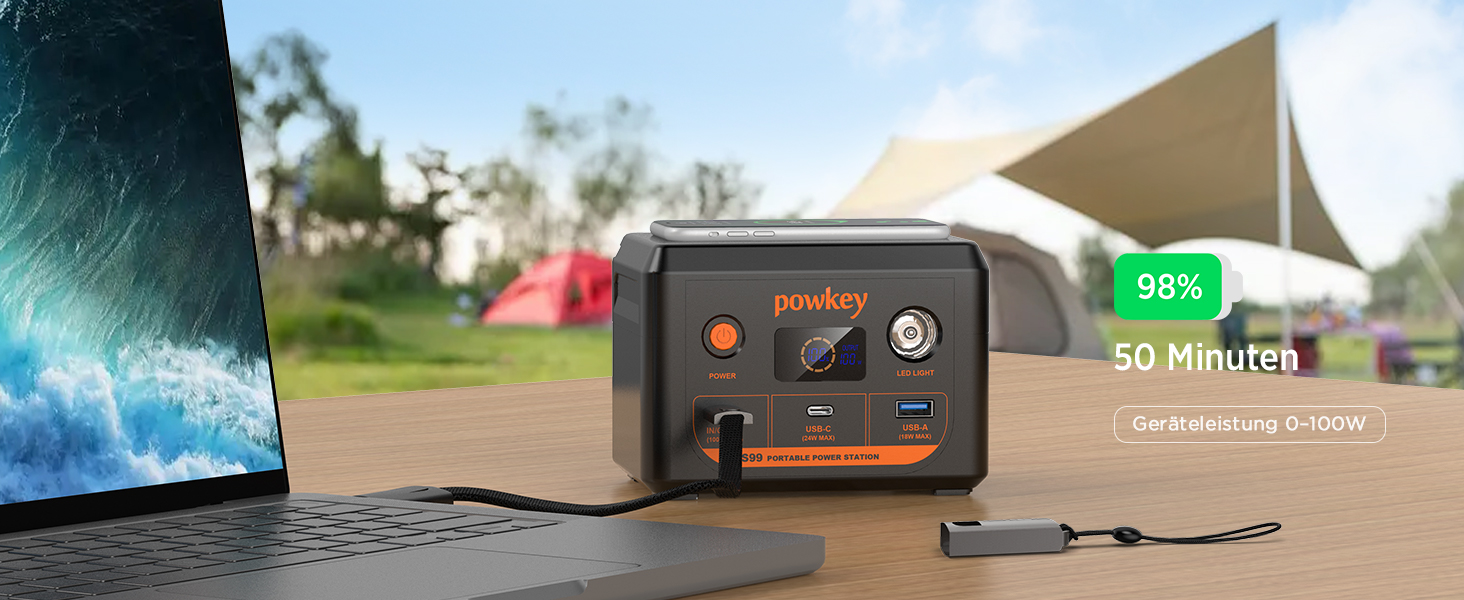 Портативна електростанція POWKEY 30000mAh з LiFePO4 акумулятором, 100W USB-C, LED-ліхтар для ноутбуків, iPhone, MacBook, Samsung та інших пристроїв