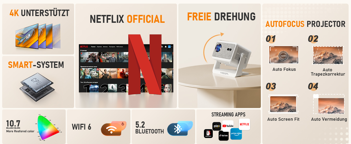 Міні проєктор Smart Beamer A-27000L: Full HD 1080P, WiFi6, Bluetooth, Netflix, 4K, Автофокус, для дому та на вулицю