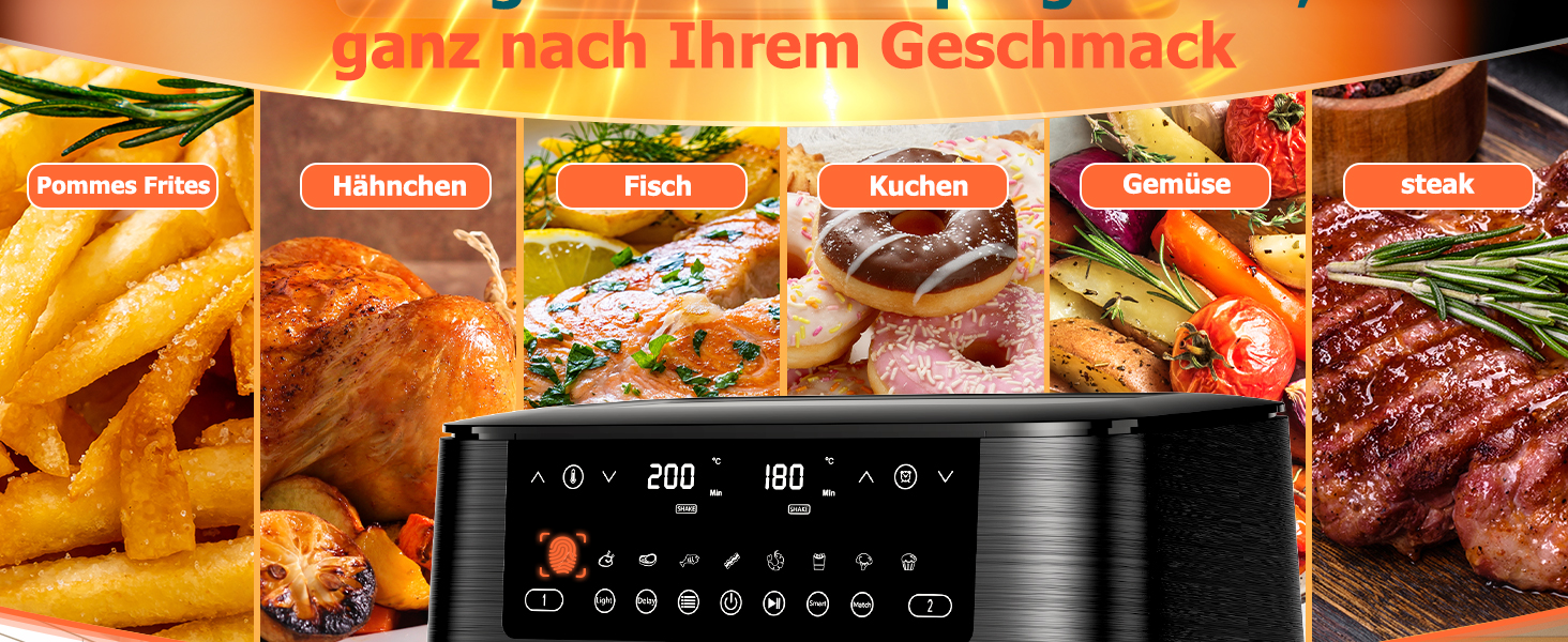 Фритюрниця повітряна з 2 камерами та скляним вікном, 9л, 9-в-1, сенсорний дисплей, кошики, що миються, антипригарне покриття, здорова фритюрниця без олії