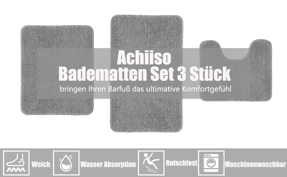 Набір килимків для ванної Achiiso 3 шт. и, не ковзає, суперабсорбент, можна прати в пральній машині, мікрофібра, деревне вугілля, 3 розміри