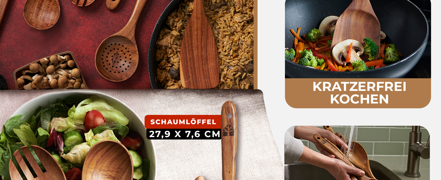 Дерев'яні лопатки для кухні - набір з 6 шт. з текового дерева (лопатки та лопатка для смаження) - натуральні, для антипригарного посуду, стійкі до високих температур