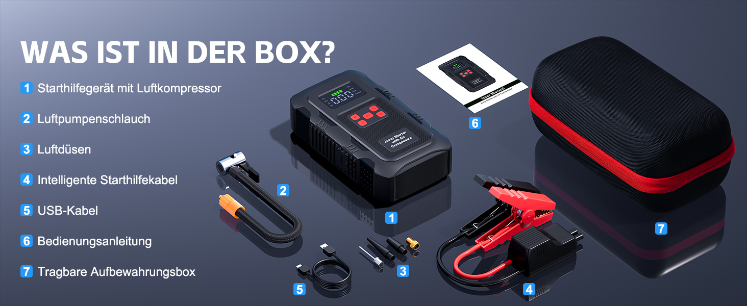 Пусковий інвертор Povasee Jump Starter 6000A з компресором 150 PSI, Powerbank для авто 12V, електричний насос та ліхтариком (Помаранчевий/Чорний/Червоний)