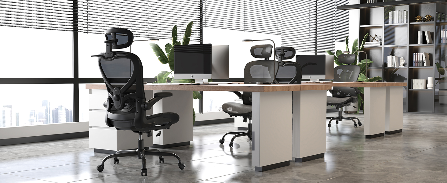 Офісне крісло LarkLeaves з ергономічною підтримкою спини, регульованими підлокітниками, сітчастою спинкою та підголівником, для офісу, навчання, бібліотеки, 140 кг, (Чорний, Lite)