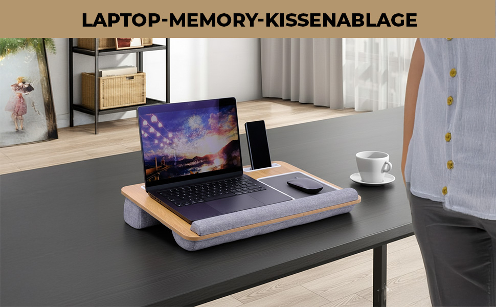 Підставка для ноутбука в ліжко та диван з подушкою, тримач для телефону та підставка для зап'ястя – підходить для ноутбуків до 17' – легка та комфортна для офісу, навчання та відпочинку (Сіра)