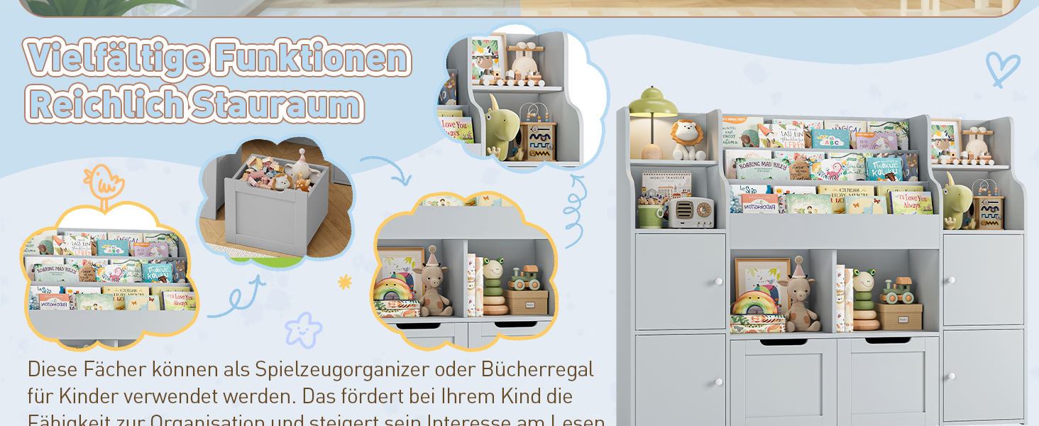 FOREHILL Поличка для іграшок та книжок у дитячу кімнату з дерева, сіра, 122 x 30 x 100 см