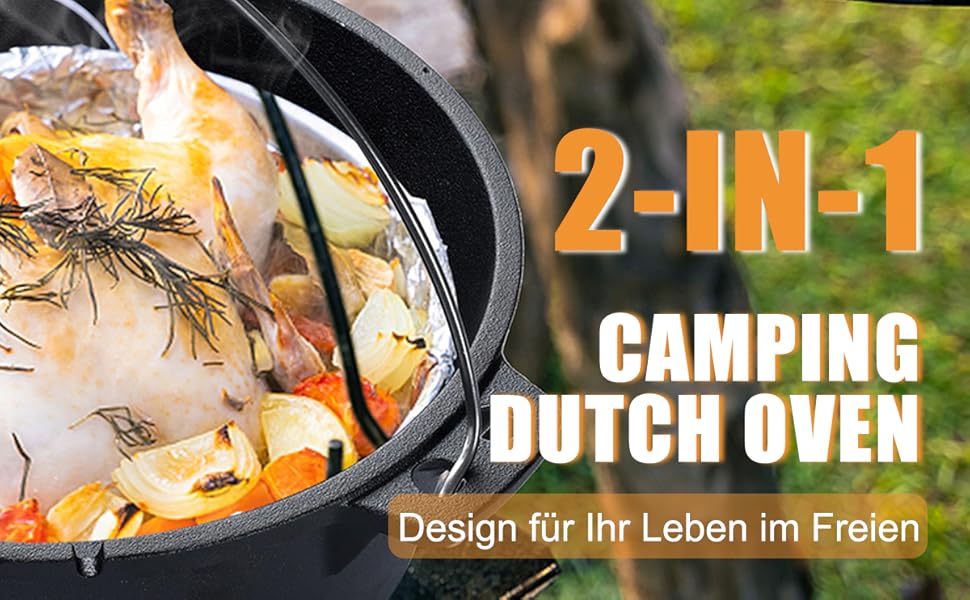 Нідерландський горщик (Dutch Oven), набір 9 літрів, чавунний горщик з кришкою-підйомником, 2-в-1, для приготування їжі на відкритому вогні та в приміщенні, чорний