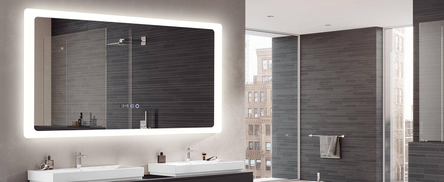 Дзеркало для ванної кімнати YOURLITE з LED-підсвічуванням 100x60 см, сенсорне управління, годинник, антизапотівання, 3 кольори світла, регулювання яскравості, функція пам'яті, білий - 60100
