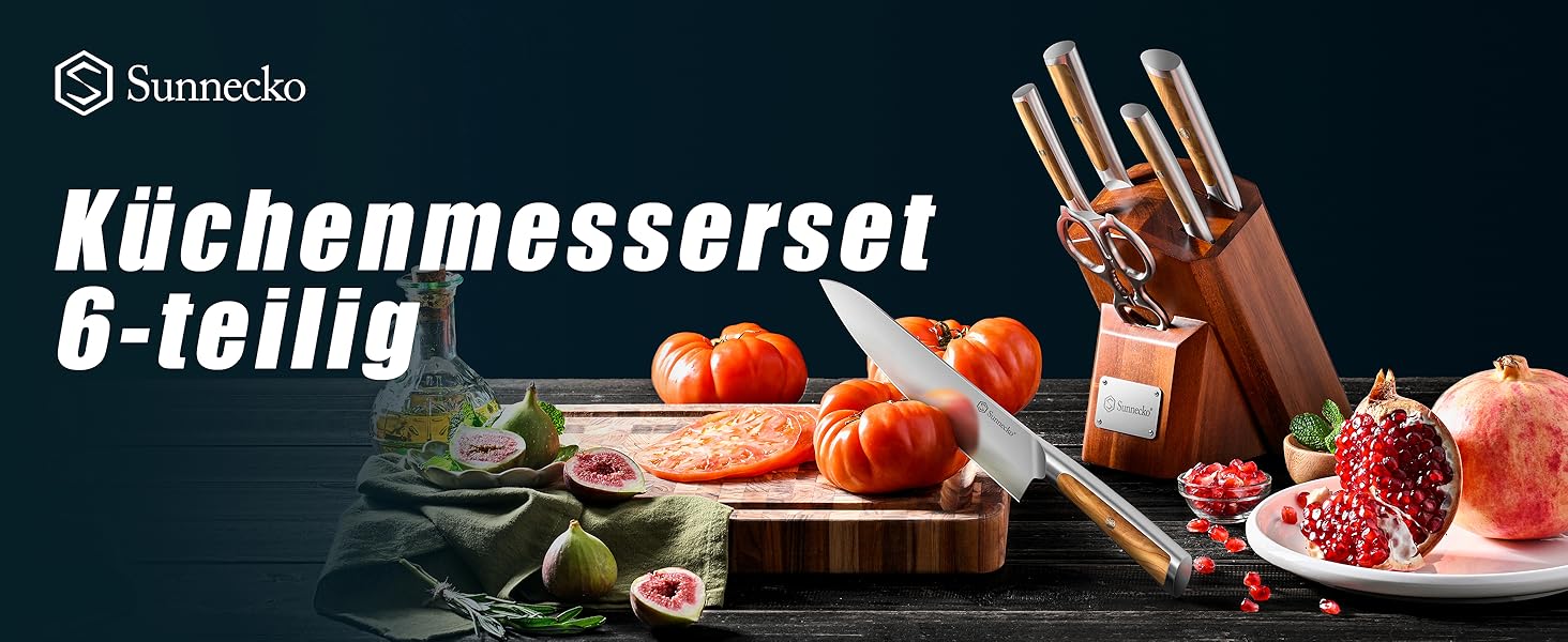 Набір ножів Sunnecko 6 шт. з підставкою – кухонний набір ножів для кухні, з ергономічними ручками та гострими лезами, з підставкою з нержавіючої сталі та акацієвого дерева