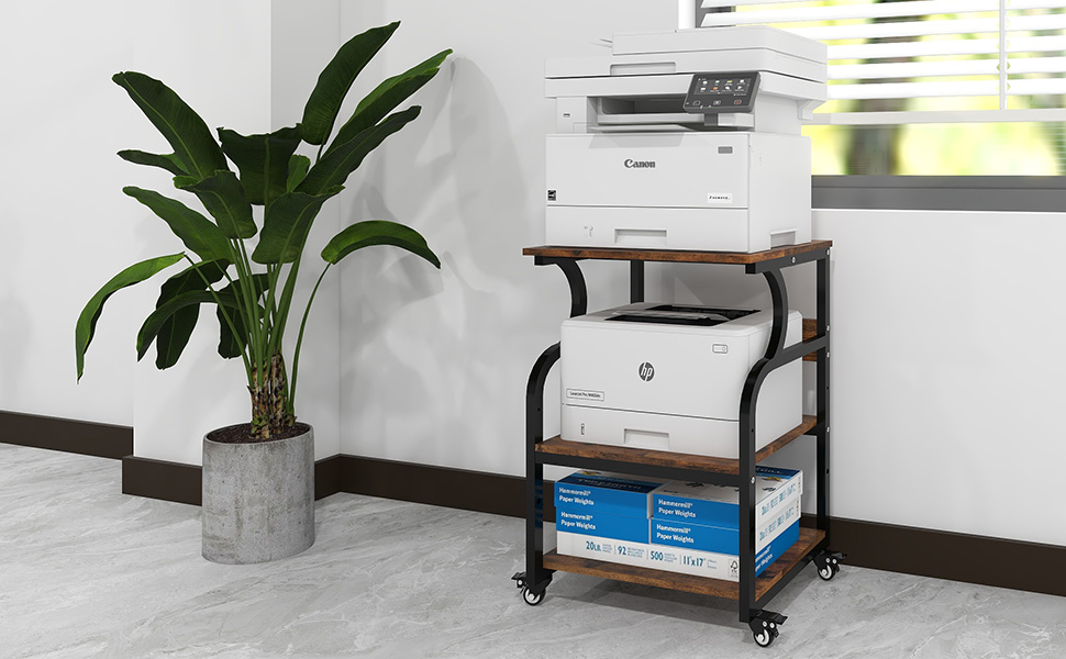 Регульований стіл для принтера PUNCIA з 3 ящиками та колесами. Мобільний візок для принтера з дерева та металу (60 x 50 см, Retro)