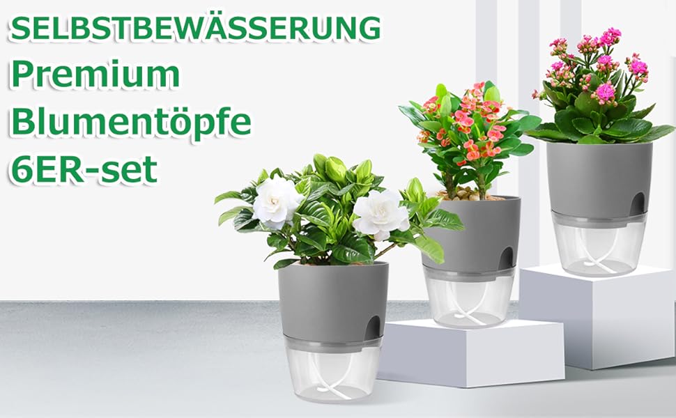 Набір горщиків для трав на кухню, самополив, 3 шт. – сад для кухні, 18.2x11x15.3 см, для свіжих кухонних трав (сірий, 6 шт.)
