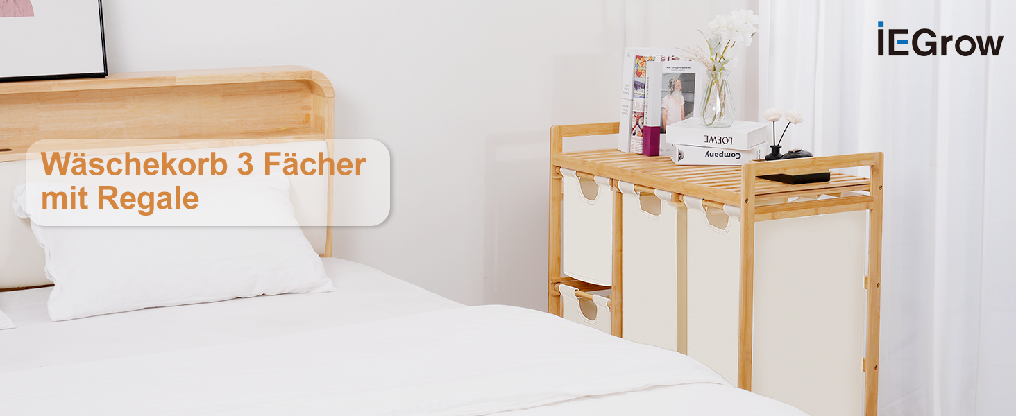 Бамбуковий кошик для білизни iEGrow з 4 відділеннями (150л), з полицею для брудної білизни, Oxford-тканина, 2 x 50л, 2 x 25л, бежевий