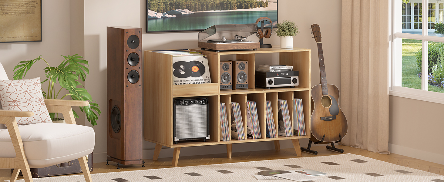 Підставка для платівок велика з полицею для зберігання, дерев'яна, на 450 альбомів