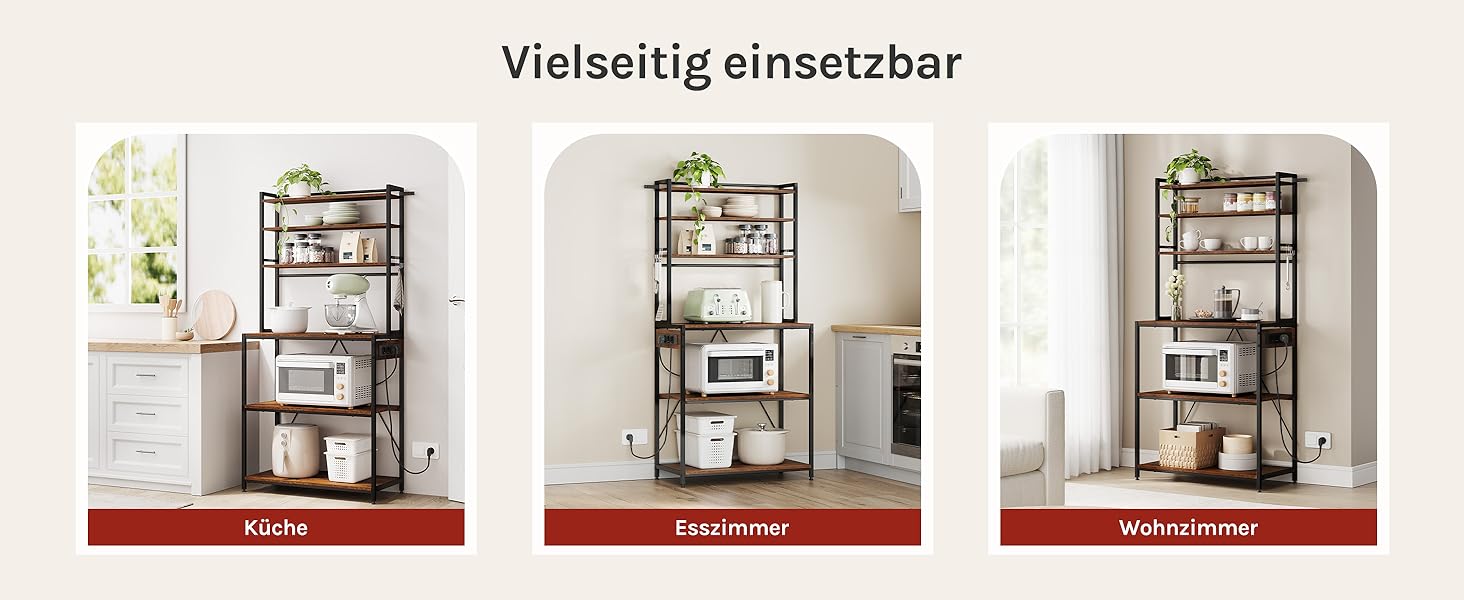 Кухонна полиця WOLTU з 6 ярусами, з розетками, для мікрохвильовки, з металевим каркасом, регульовані полиці, чорний+рустичний коричневий, 60 x 167 x 40 см (чорний+вінтажний коричневий, 80 x 39,5 x 167 см)