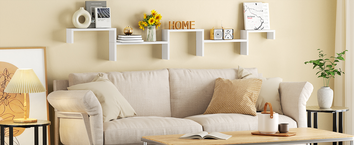 Полиця настінна SRIWATANA біла 5 шт., дерев'яна, плаваючі полиці до 40 кг, сучасна настінна дошка для декору, DIY монтаж для вітальні, ванної, спальні, офісу, кухні (білий)