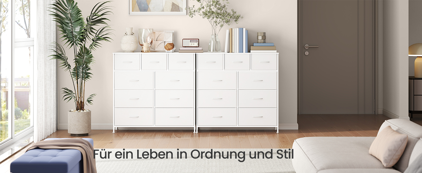 SONGMICS Комод з 9 висувних ящиків, шафа для зберігання, сталь, MDF, фліс, для спальні, прихожей, вітальні, білий (LGS323WH01)