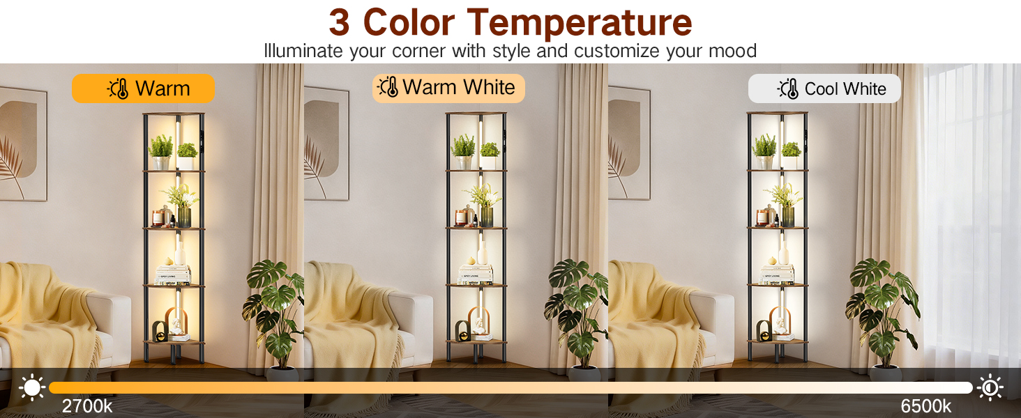 LED торшер з полицею, 3 режими світла, димування (сенсор/пульт), кутова полиця 5-рівнів, вузький книжковий стелаж для вітальні, спальні, офісу (білий)