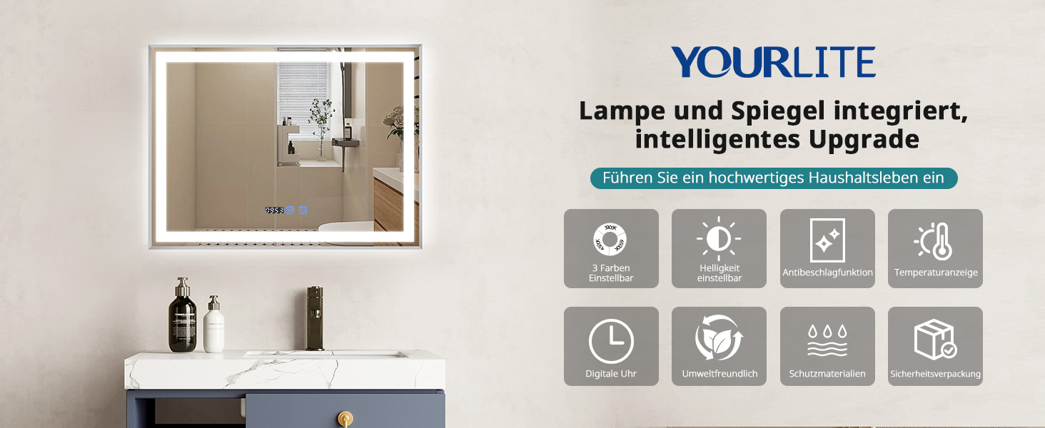 Дзеркало для ванної кімнати YOURLITE з LED-підсвічуванням 100x60 см, сенсорне управління, годинник, антизапар, 3 кольори світла, регулювання яскравості, функція пам'яті, білий (срібло)