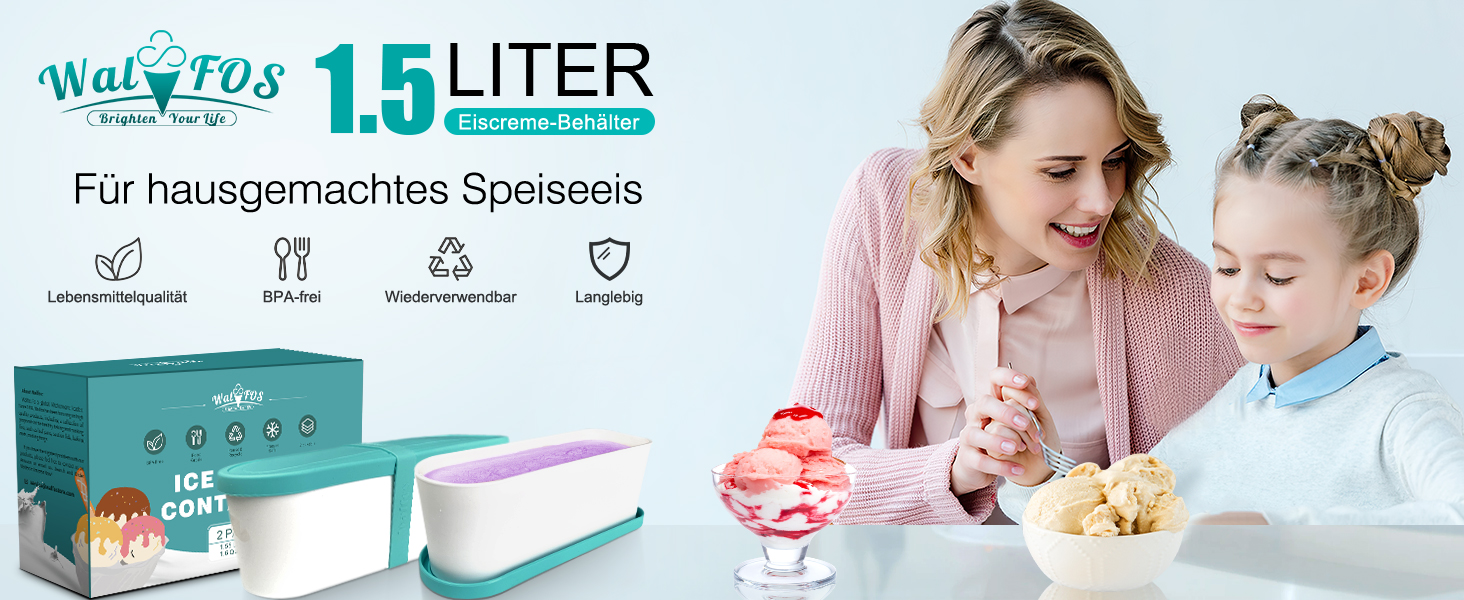 Контейнер для морозива Walfos® 1.5л, 2 шт., багаторазовий, з силіконовою кришкою, для домашнього морозива та йогурту, штабельовані