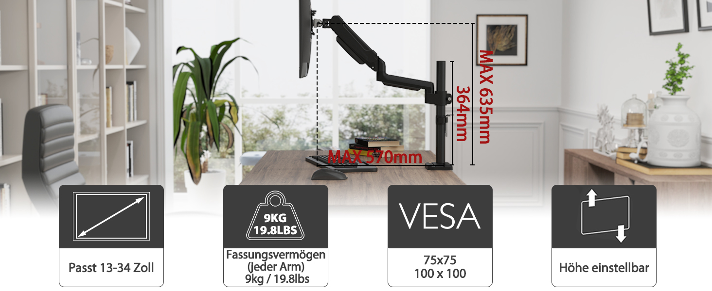 Кріплення для монітора BONTEC, 13-34 дюйми, газ-амортизатор, VESA 75/100mm, 3-9 кг, 360° оберт, регулювання нахилу та повороту