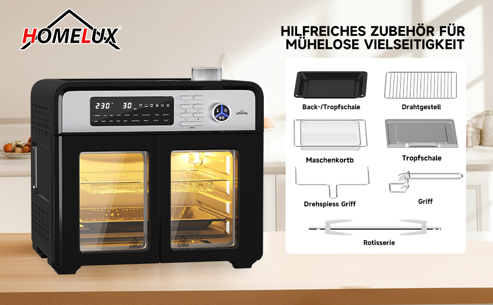 Міні-духовка HOMELUX Air Fryer XXL 28 л з конвекцією, фритюрниця 1700 Вт, 18 програм, 7 аксесуарів, включаючи гриль, подвійний вентилятор, мультипіч XXL без олії, конвекційну піч