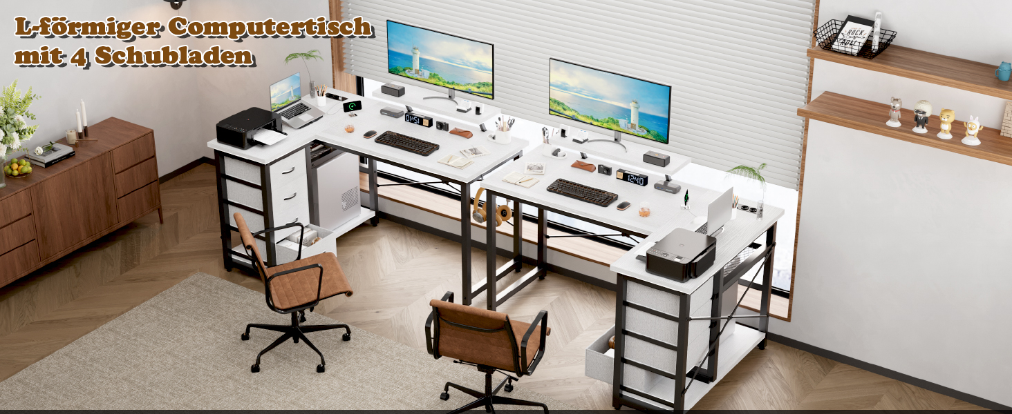 Комп'ютерний стіл L-подібний Devoko з 4 ящиками з тканини, 2 розетками та 2 USB-портами, для дому та офісу, ігор, білий, 140x80 см