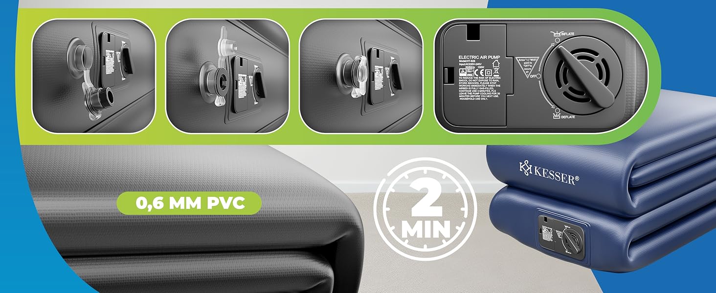 Надувна матрац KESSER® з електричним насосом, 203x152.5x51 см, для дому та кемпінгу, сірий/антрацит