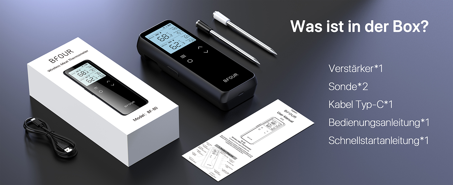 Бездротовий термометр для м'яса з Bluetooth та Wi-Fi, 2 зонди, 6 сенсорів, водонепроникний, точність ±0,1°C, для гриля, духовки, жарки – BF-80