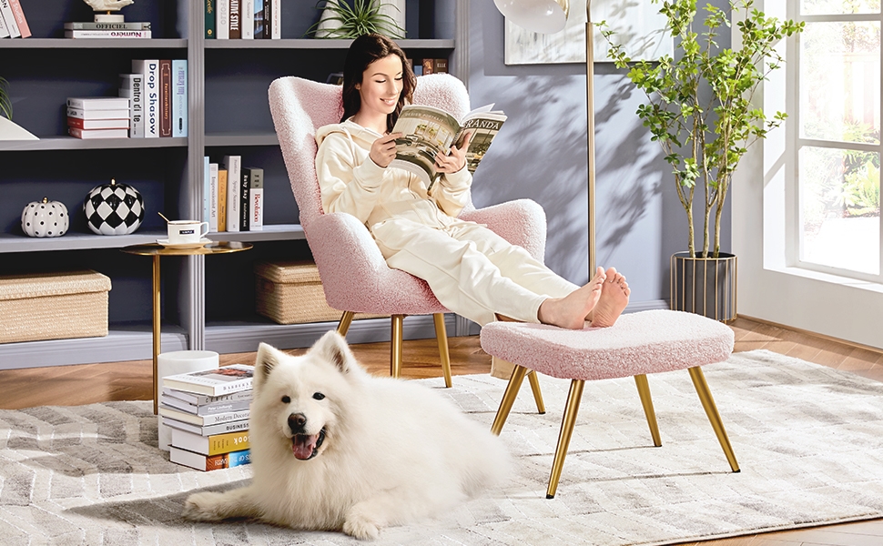 Крісло-мішок Yaheetech з м'якої тканини, крісло для відпочинку, телевізор, крісло-релакс, крісло-трансформер, стильний дизайн, білий (рожевий, з пуфом)