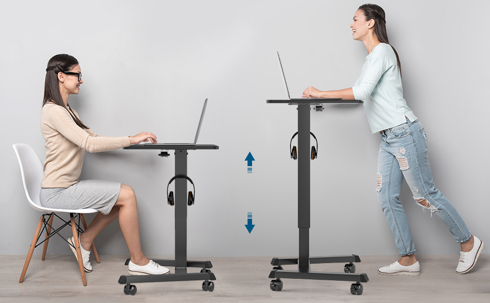 BONTEC Регульований стіл-трансформер, мобільний підйомний стіл, стіл для стоячи/сидячи, стіл над ліжком, чорний, 65x45 см, до 15 кг