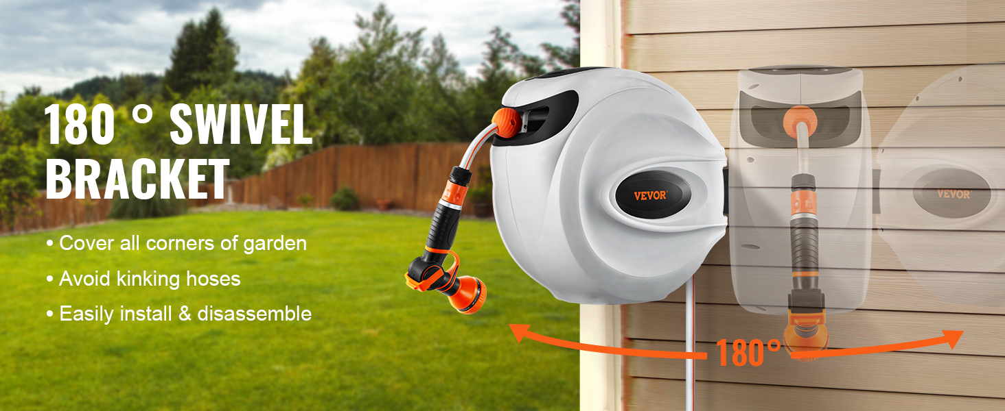 Шланг для поливу VEVOR 35 м з підключенням 12 мм з кріпленням на стіну, ручкою та автоматичним змотуванням. Комплектується розпилювачем з 9-ма режимами. Ідеально для поливу та миття автомобіля.