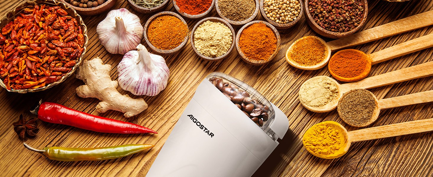 Кавомолка електрична Aigostar для кави, спецій та горіхів, нержавіюча сталь, 60г, 200 Вт, біла