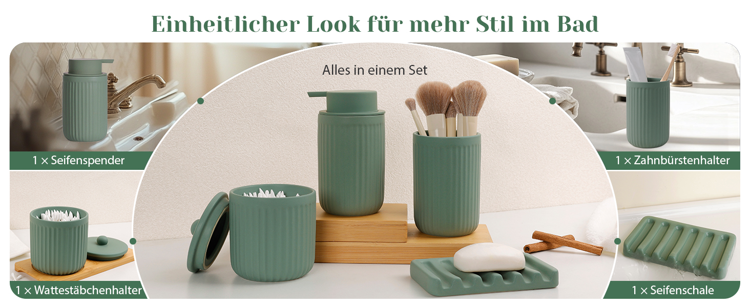 Набір аксесуарів для ванної кімнати 4 шт. з кераміки: дозатор для мила 350 мл, стакан для зубної пасти, мильниця, контейнер для ватних паличок. Декоративний набір для раковини (зелений)