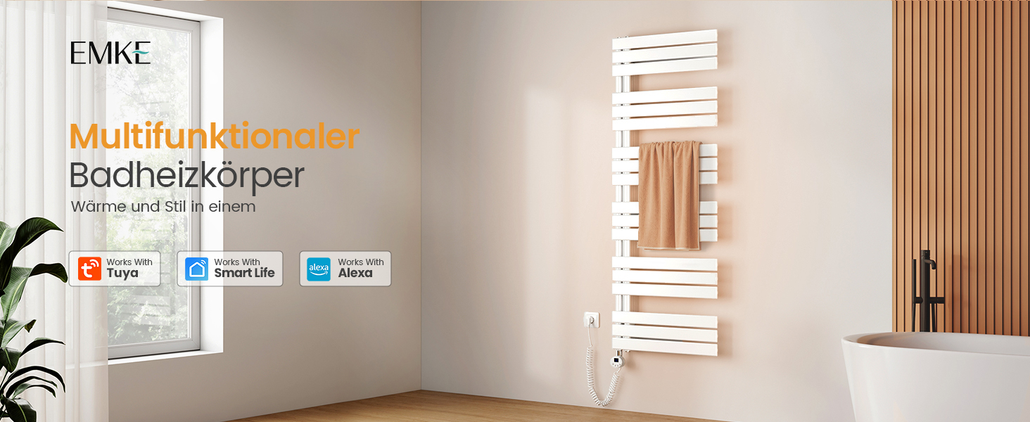Електричний рушникосушар EMKE з термостатом, 1320x500 мм, білий, 800W (модель з Wi-Fi)