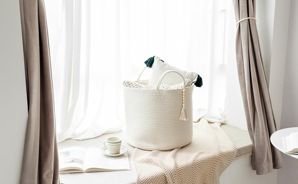 Кошик для білизни Mkono з натурального сизалю, плетений декоративний кошик для зберігання речей, одягу, іграшок, рослин, з ручками, 40x35 см (білий)