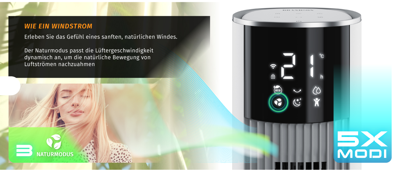 Вентилятор вежний з Wi-Fi та охолодженням води Brandson ECO GREEN – тихий, з керуванням Alexa, смарт-вентилятор для дому, мобільний кондиціонер