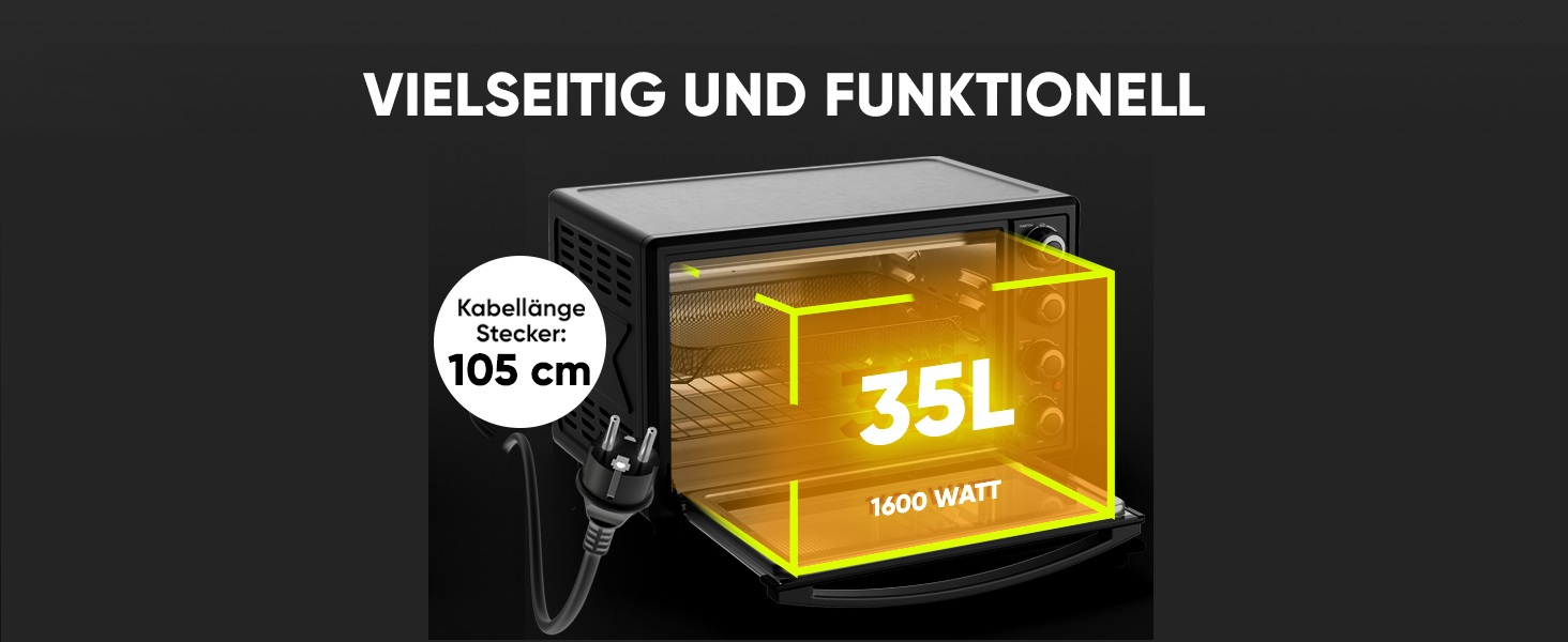 Міні-піч Stillstern 45L з конвекцією (Umluft) для піци Ø32 см, CYCLONE PRO+ антипригарне покриття, розморожування, таймер 2 год, міні-піч для кемпінгу, гриль з насадкою для курки
