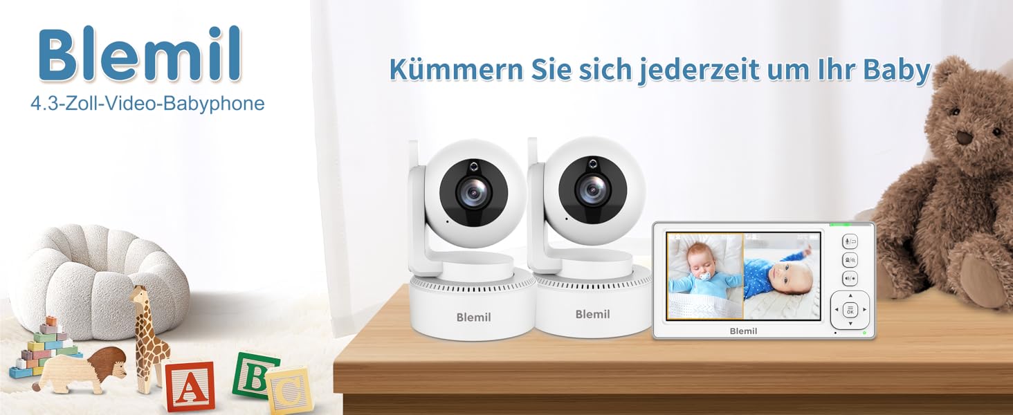 Відеоняня Blemil з 2 камерами, 4.3'' IPS монітором Split-Screen, зумом 2X та акумулятором на 29 годин, функція повороту та нахилу (без Wi-Fi)