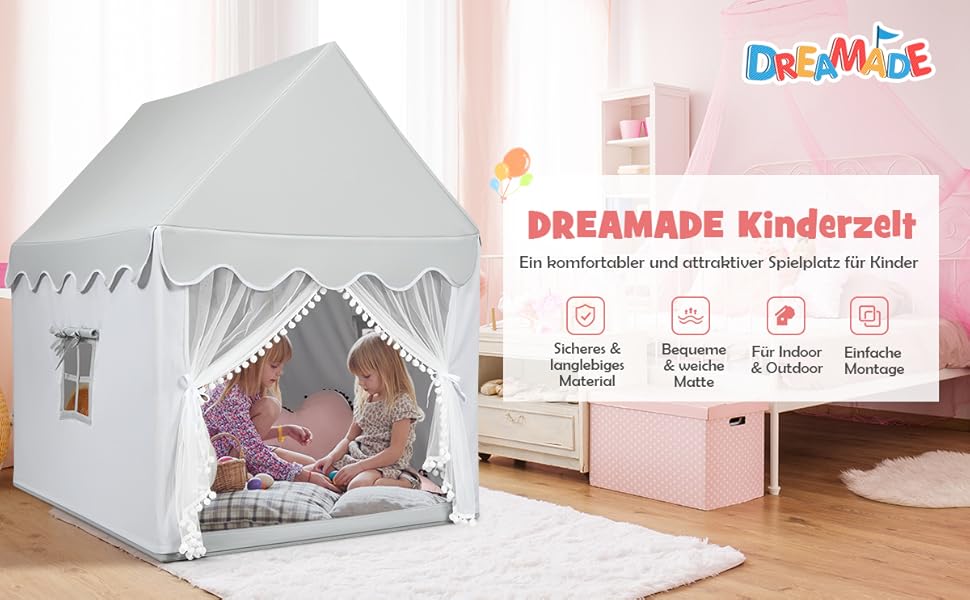 Дитячий намет DREAMADE з м'якою дахом та вікнами, дерев'яний каркас, ігровий будиночок, намет Тіпі для хлопчиків та дівчаток (сірий)