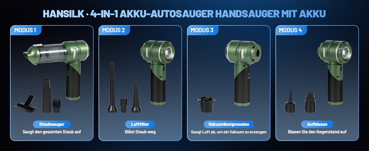 Акумуляторний ручний пилосос HANSILK 4 в 1, бездротовий автомобільний пилосос 25000Па, безщітковий двигун, 3 режими потужності, складаний міні-пилосос для авто, дому, диванів та шерсті тварин