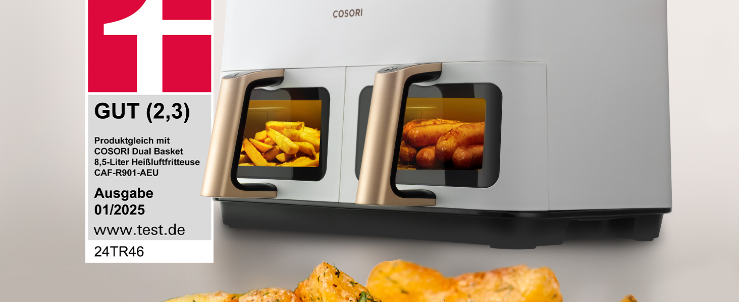 Фритюрниця без олії COSORI з 2 камерами, 8.5 л, чорно-біла, з рецептами та нержавіючою сталлю