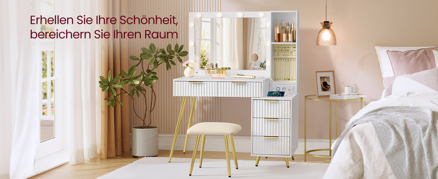 Дзеркальний туалетний столик VASAGLE з пуфом та 10x збільшенням, LED-підсвічуванням, ящиками та станцією для зарядки, 40 x 110 x 135 см, білий