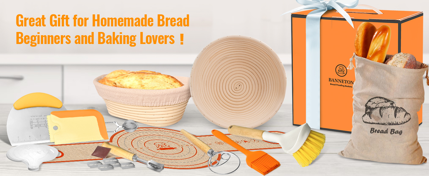 Набір для закваски та випікання хліба: корзини для бродіння (круглі 23 см, овальні 25 см) та аксесуари для випікання