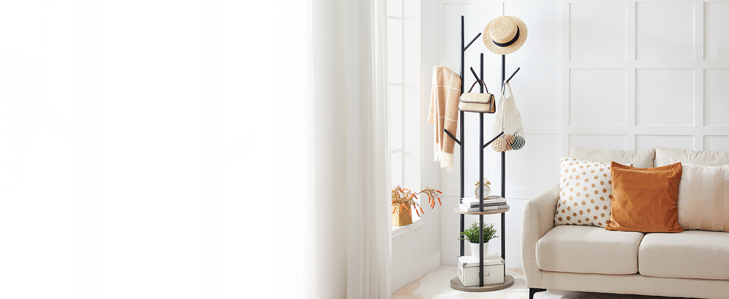 HOOBRO В'яжучий стійка для одягу, дерев'яна, з 8 гачками та 2 полицями, для вітальні, спальні, офісу, темно-коричневий/чорний