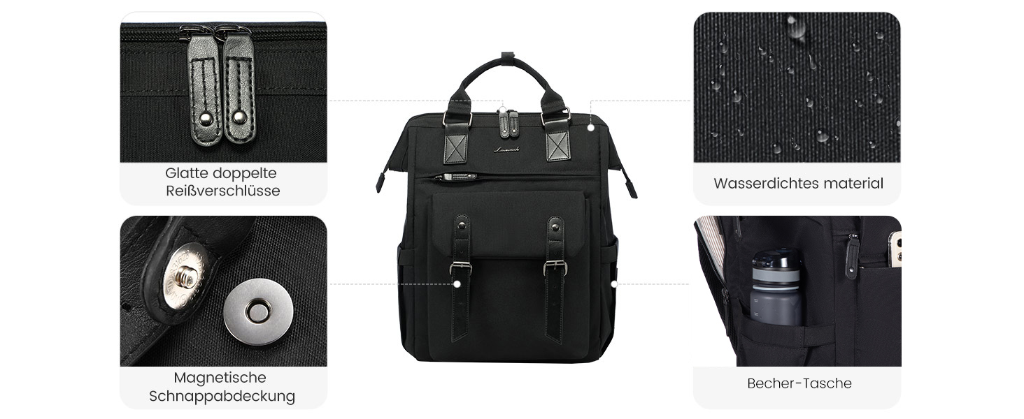 LOVEVOOK Рюкзак жіночий, чорний, 15.6 дюймів, водонепроникний, для школи, університету, роботи, подорожей, з USB-кабелем